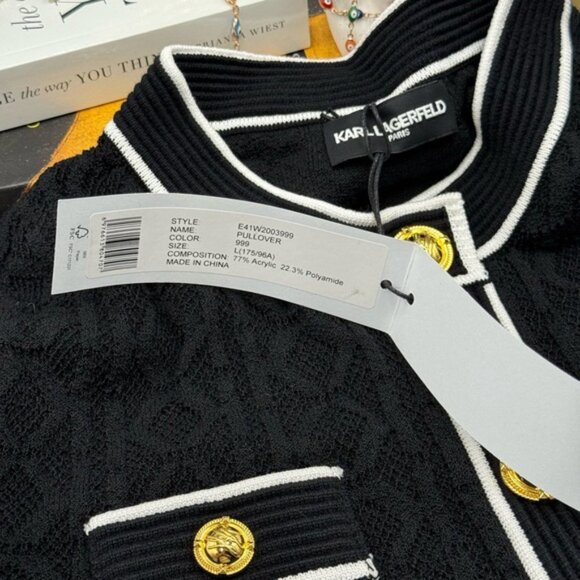 🆕 KARL LAGERFELD 🧿 NWT Black Classic Jacquard Knit Short Sleeve Sweater SzL - Picture 15 of 16